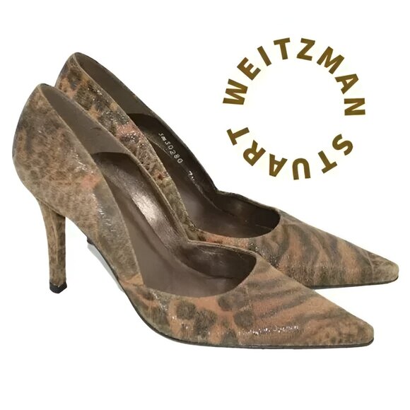 Stuart Weitzman Brown Camel Tan Pony Fur Leopard Cheetah Leather Heels Pumps 7.5 - Picture 2 of 11